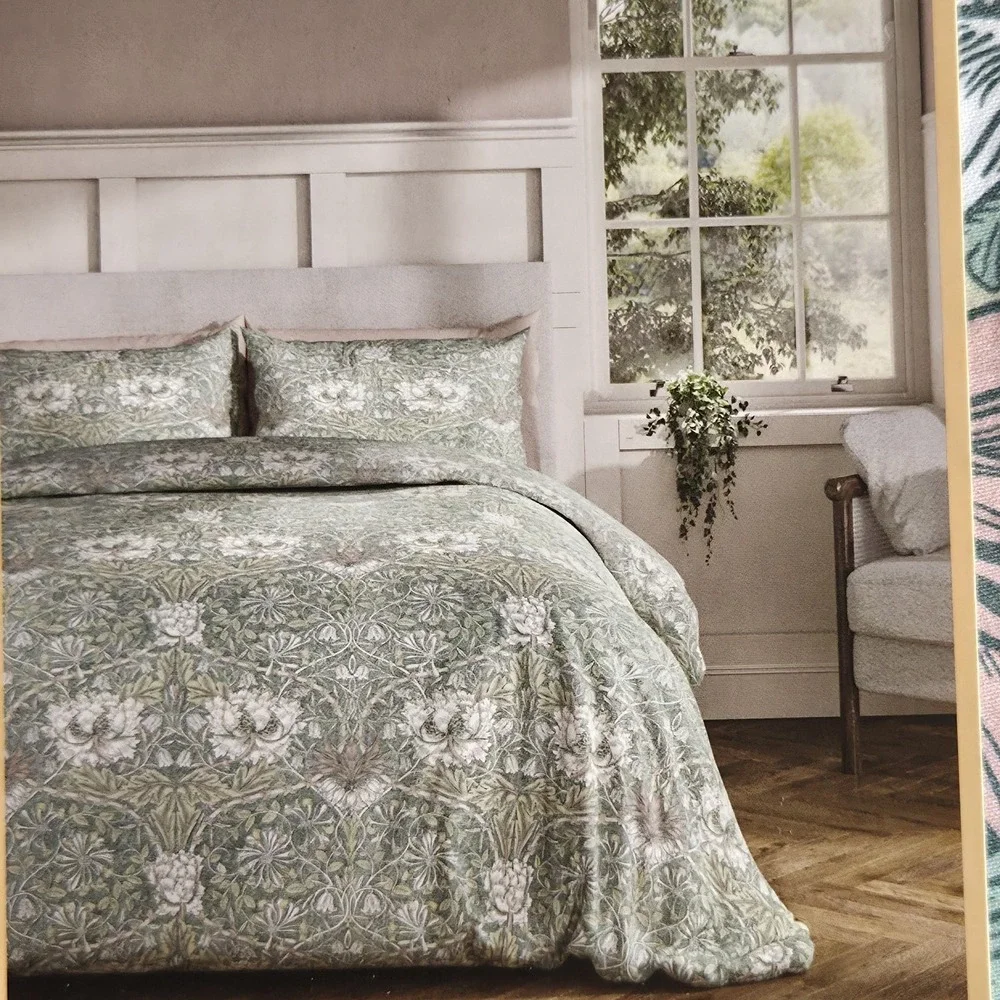 William Morris Queen Duvet Set 3pc Cotton Honeysuckle Tulip Sea Green Pattern‎